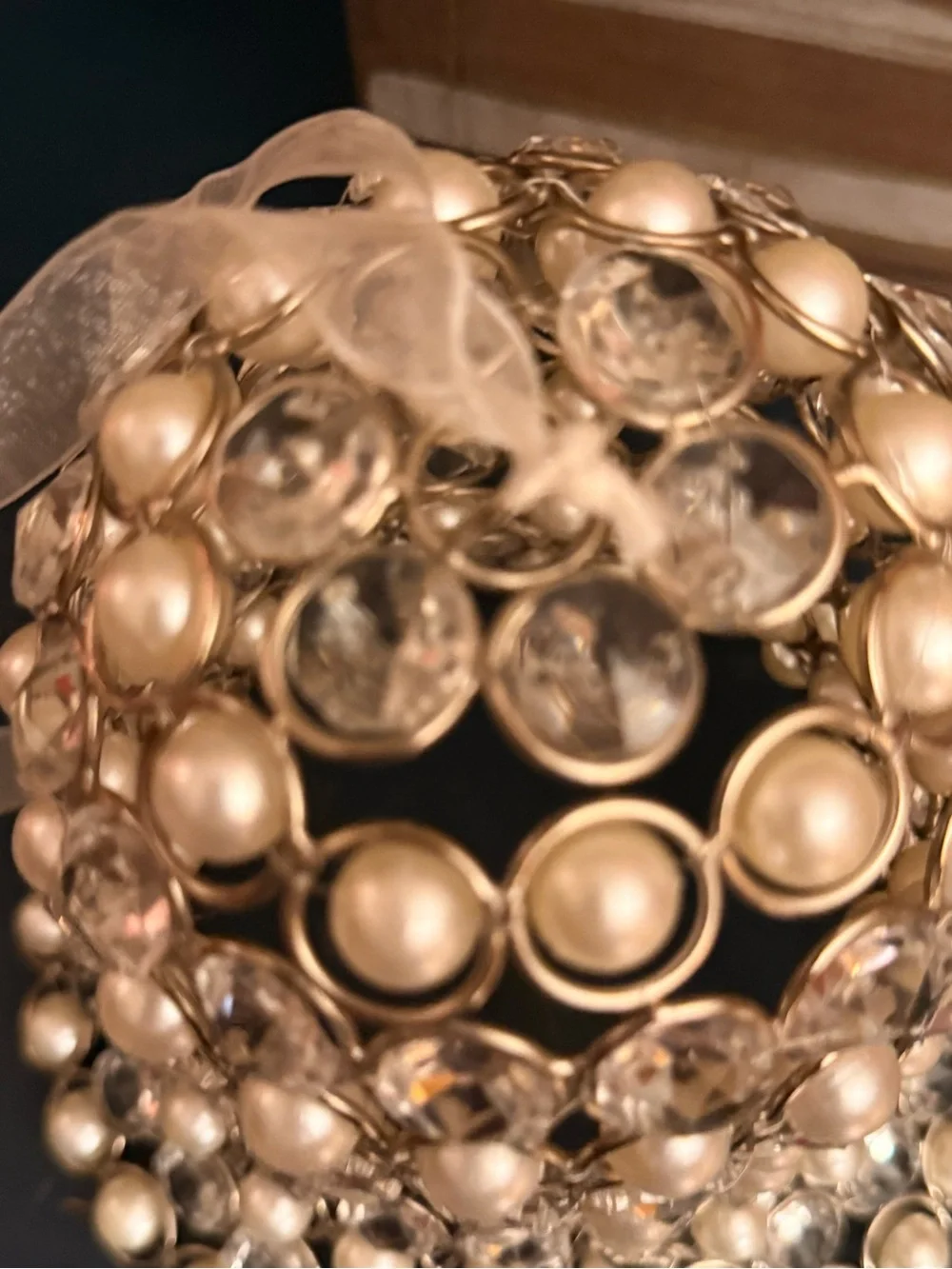 Rachel Zoe Stunning Caged Pearls & Crystal Glass Christmas Bell Tabletop Hanging